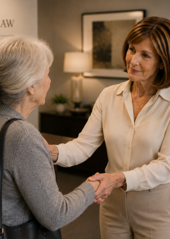 Attorney Margery E. Golant greeting a client in the First Move Law & Consulting office